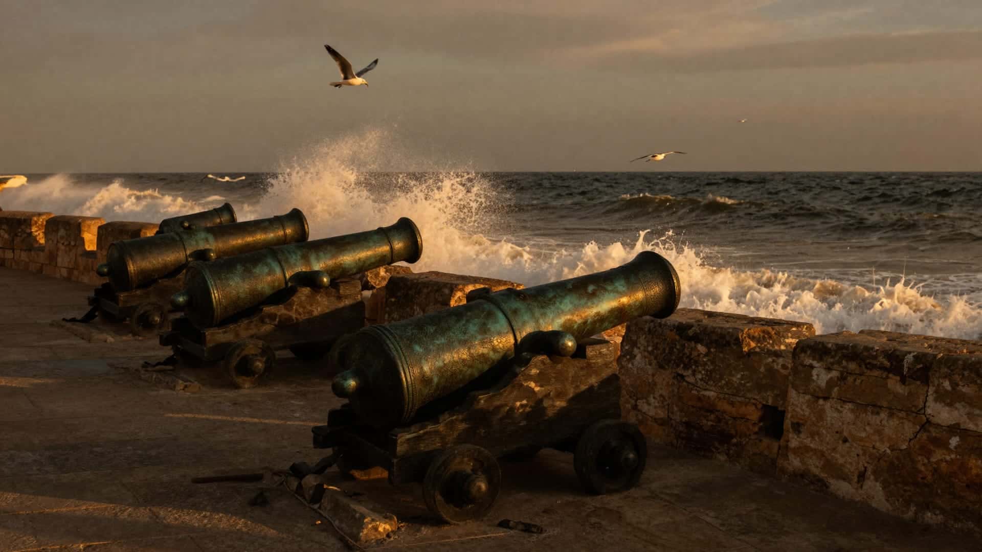 I bastioni atlantici di Essaouira contro il cielo del mattino con i gabbiani in volo