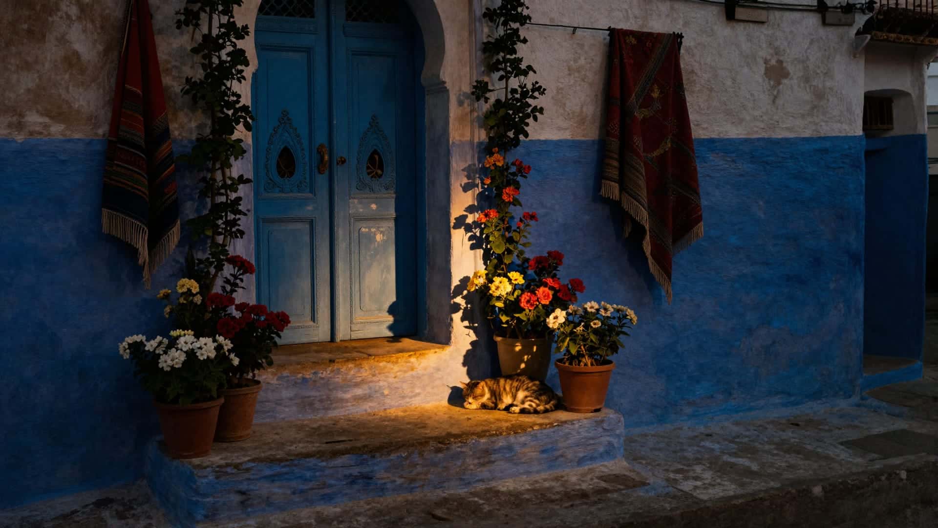 I vicoli indaco di Chefchaouen che salgono verso le montagne del Rif