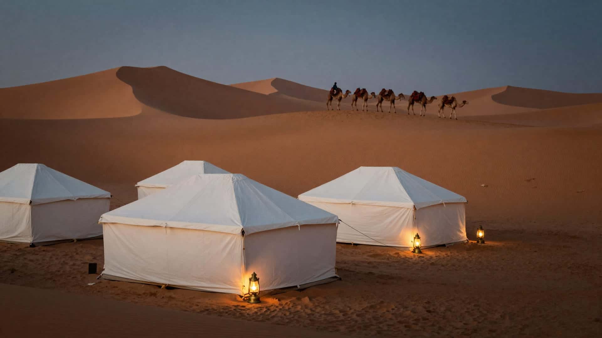 Le grandi dune arancioni di Erg Chebbi con una carovana di cammelli al tramonto