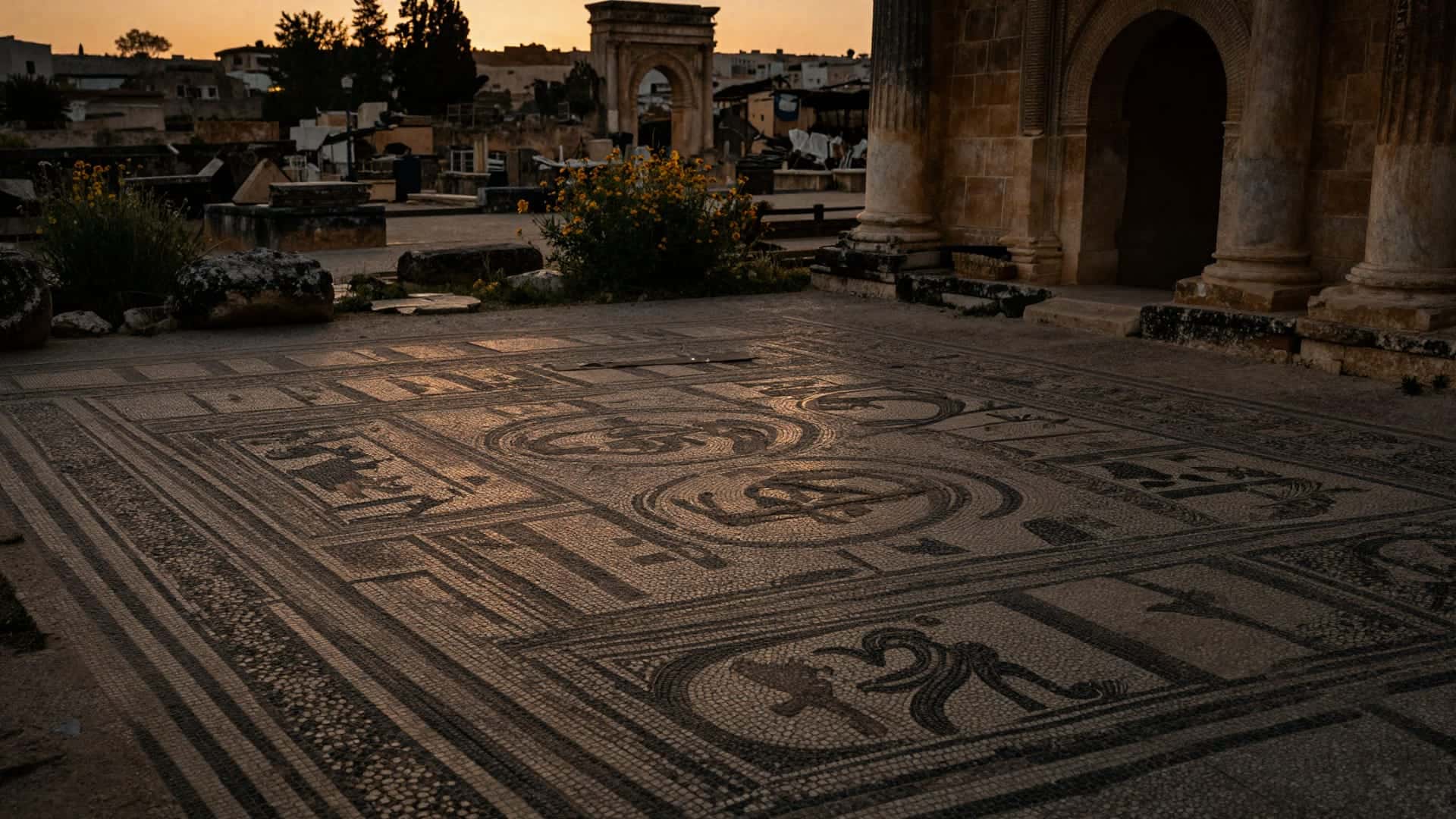 Colonne e archi romani di Volubilis dorati contro le colline coltivate