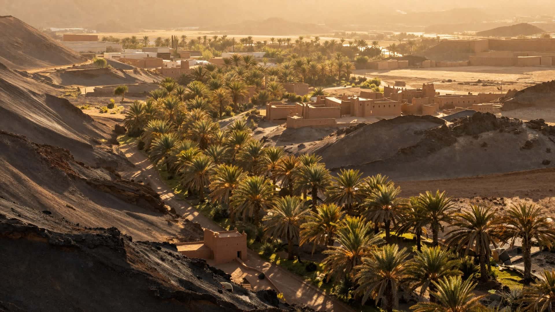 Kasbah di terra tra i palmeti della Valle del Draa nella luce del mattino