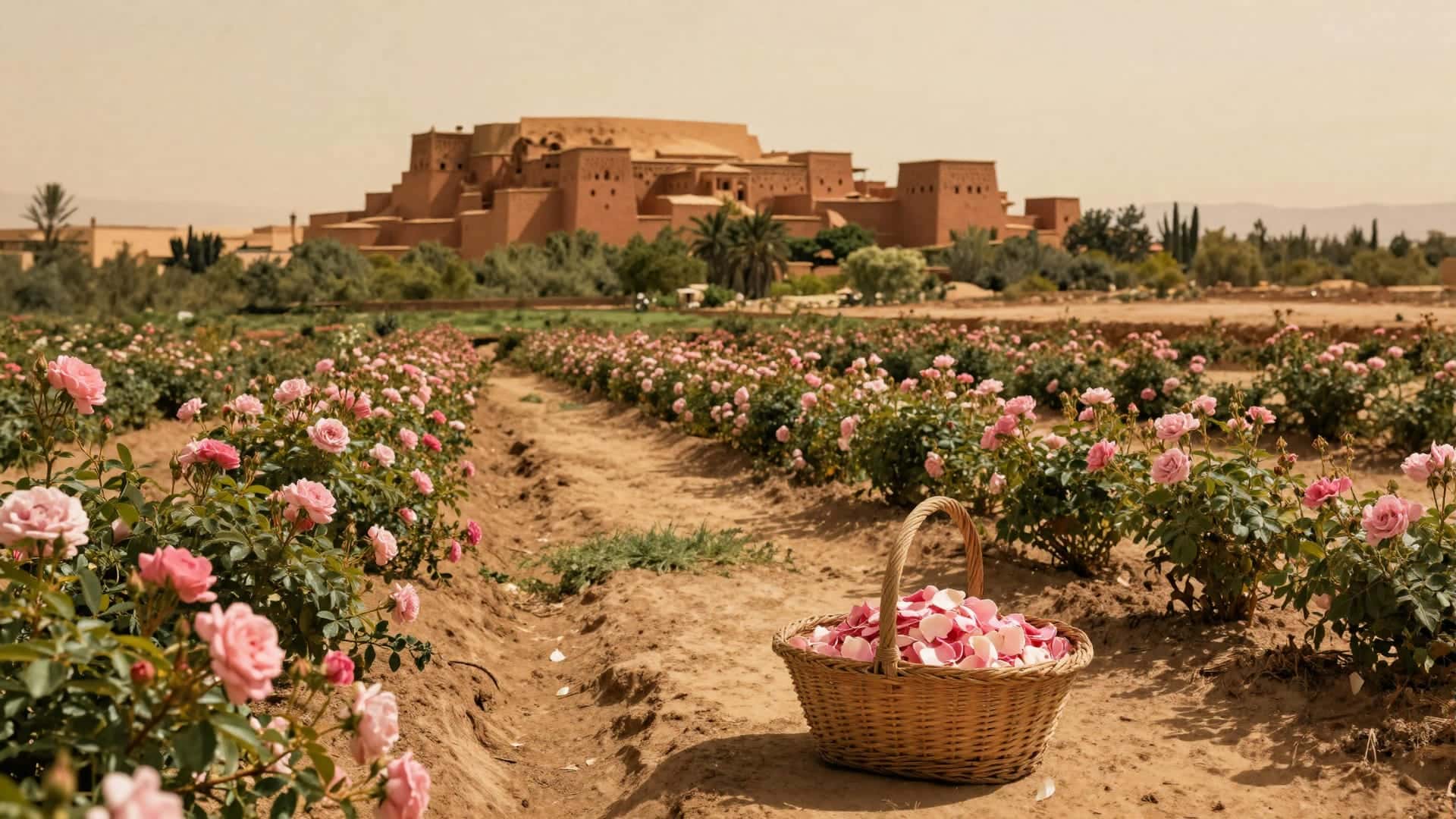 Roseti e campi verdi della Valle delle Rose ai piedi delle montagne aride