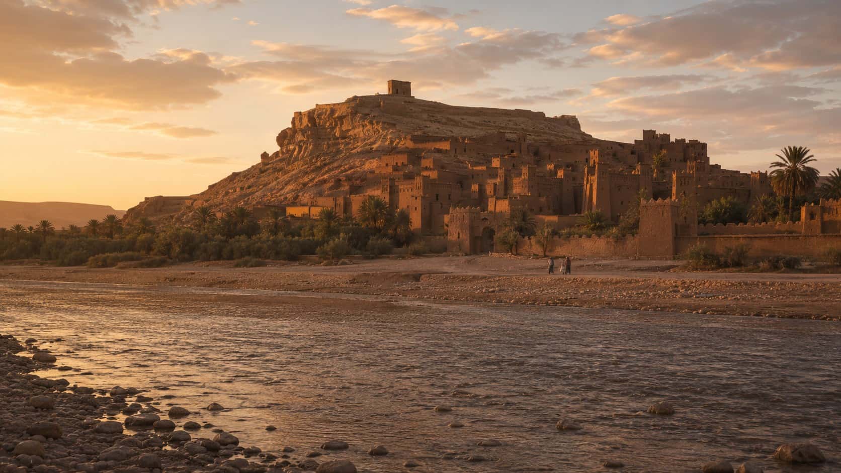 Lo ksar di Aït Benhaddou nella luce dorata, oltre il fiume Ounila
