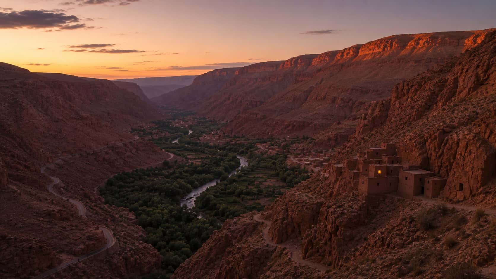 La valle del Dades al crepuscolo, roccia rosa e il nastro verde del fondovalle
