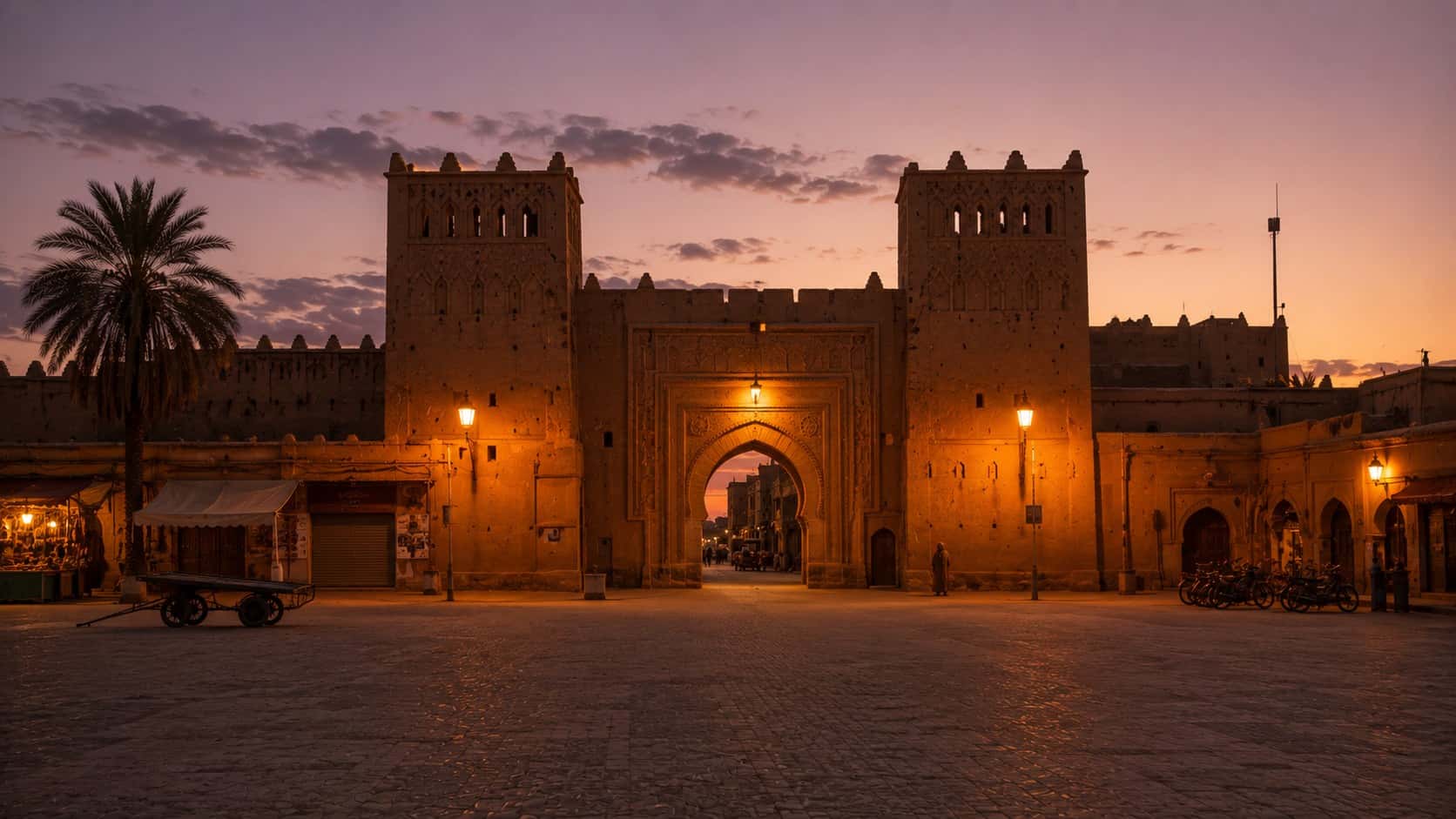 La porta di Rissani al tramonto, le prime lampade accese