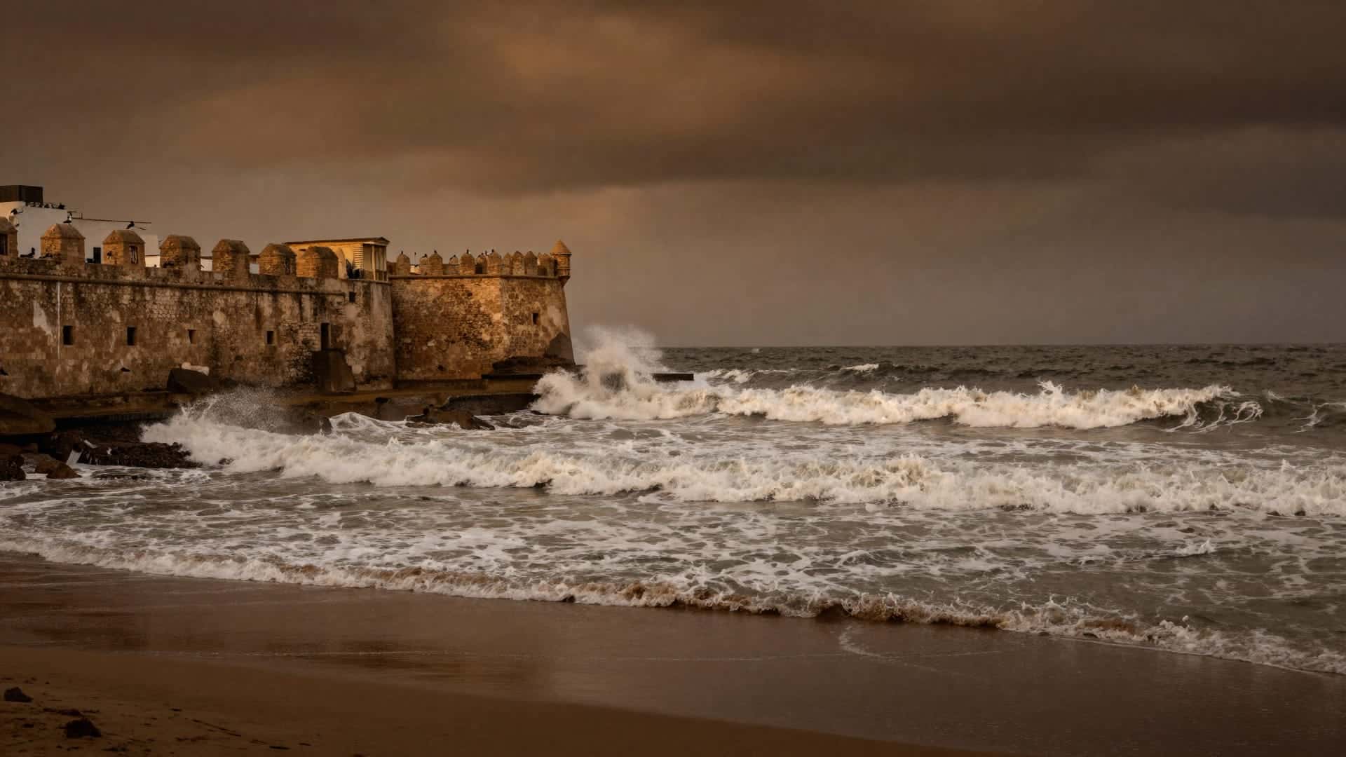 La costa atlantica del Marocco con le onde che si infrangono sugli scogli al tramonto