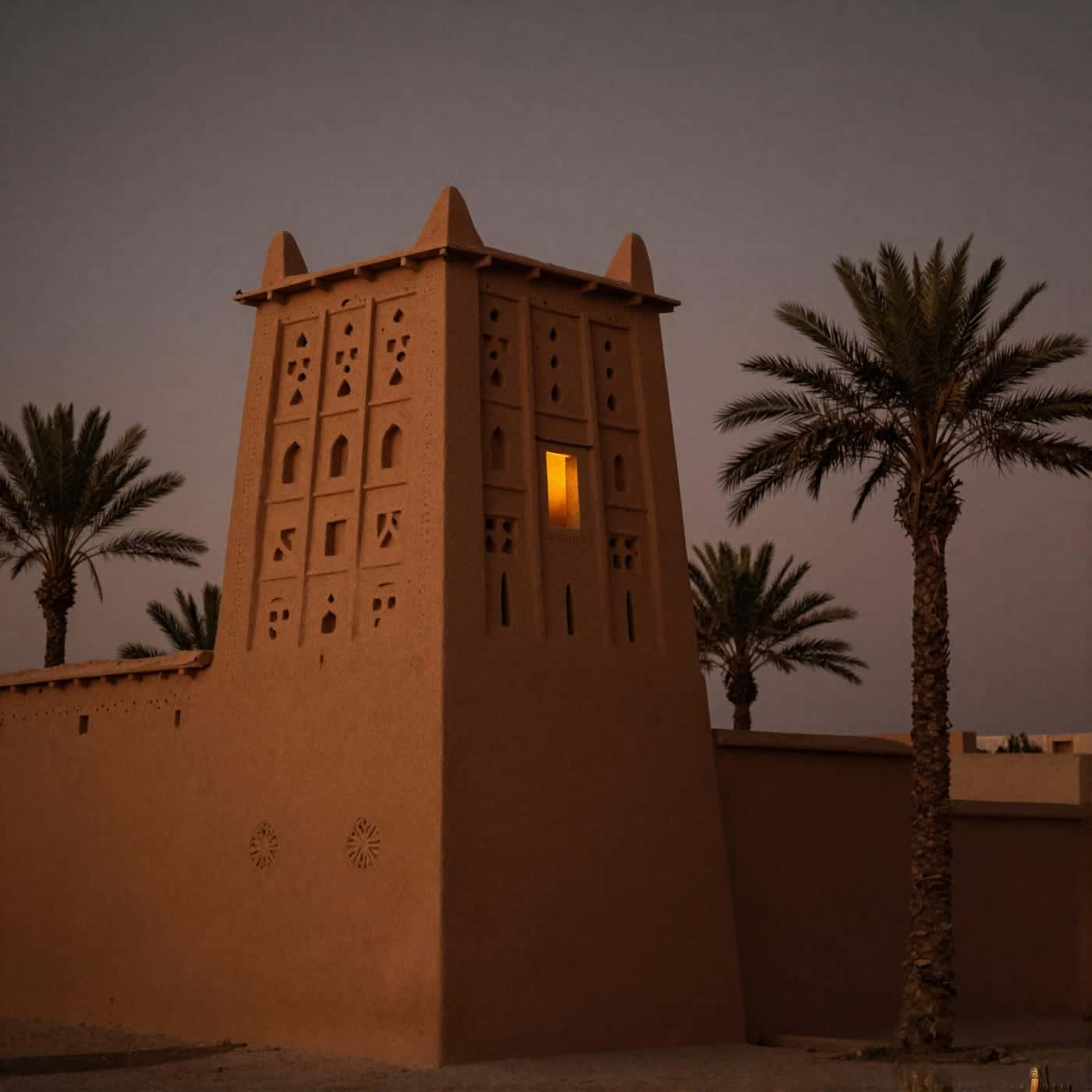Una kasbah di terra rossa che si accende al crepuscolo lungo la strada dell'Anti-Atlante