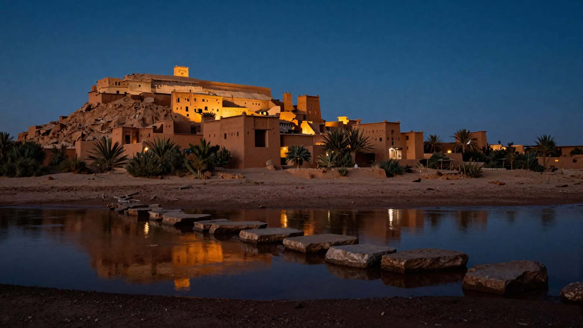 Lo ksar di terra di Ait Ben Haddou che sale a gradoni sopra il fiume e le palme