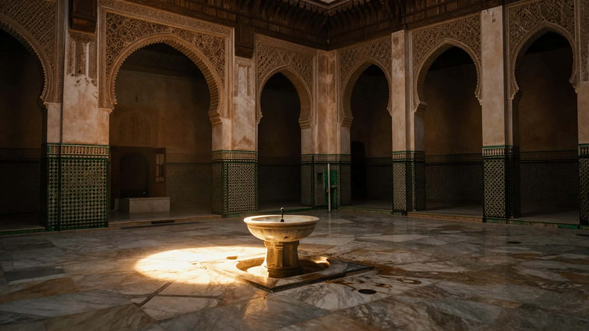 Tetti e minareti della medina di Fes el Bali nella foschia dorata del tramonto