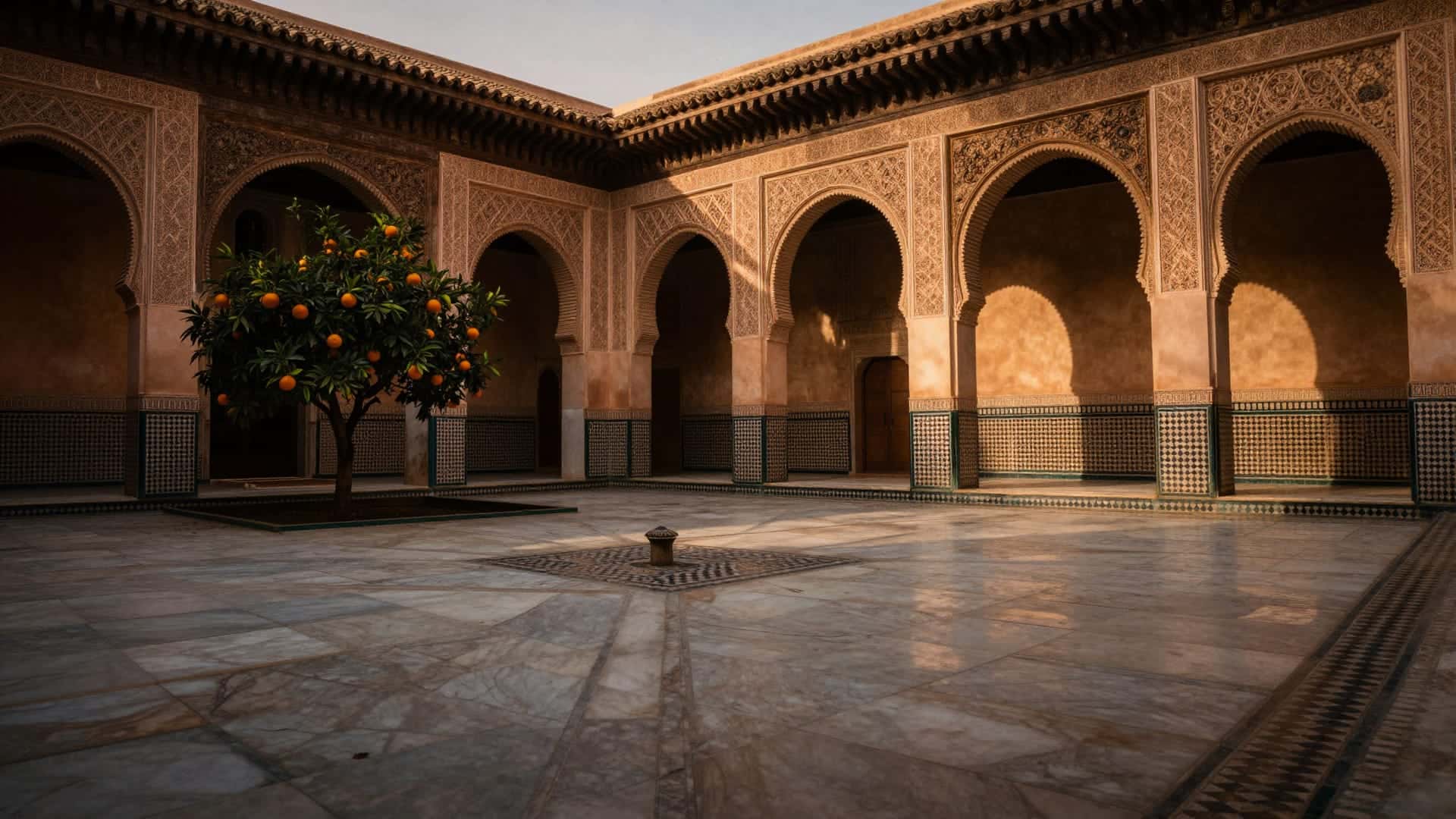 Terrazza panoramica su Marrakech con i minareti e l'Atlante innevato all'orizzonte
