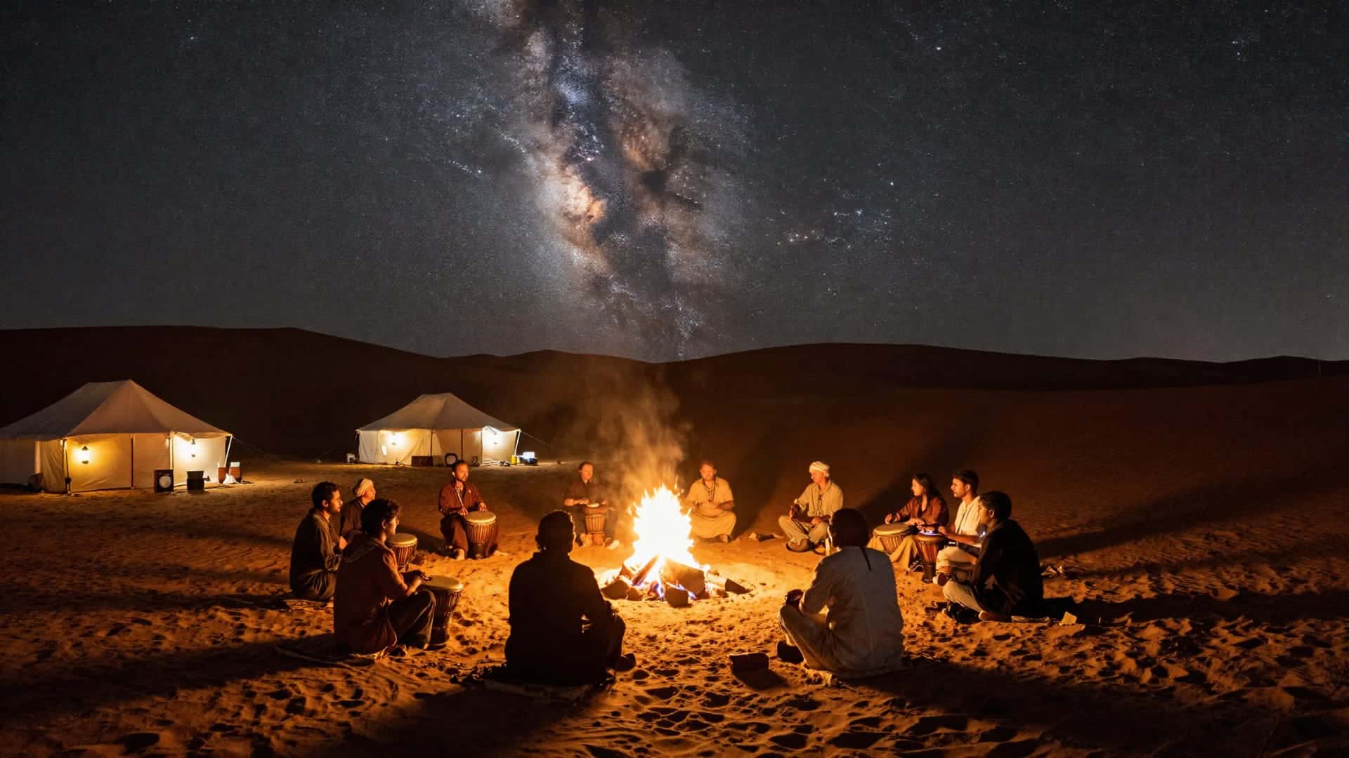 Tende del campo nel deserto illuminate al crepuscolo tra le dune