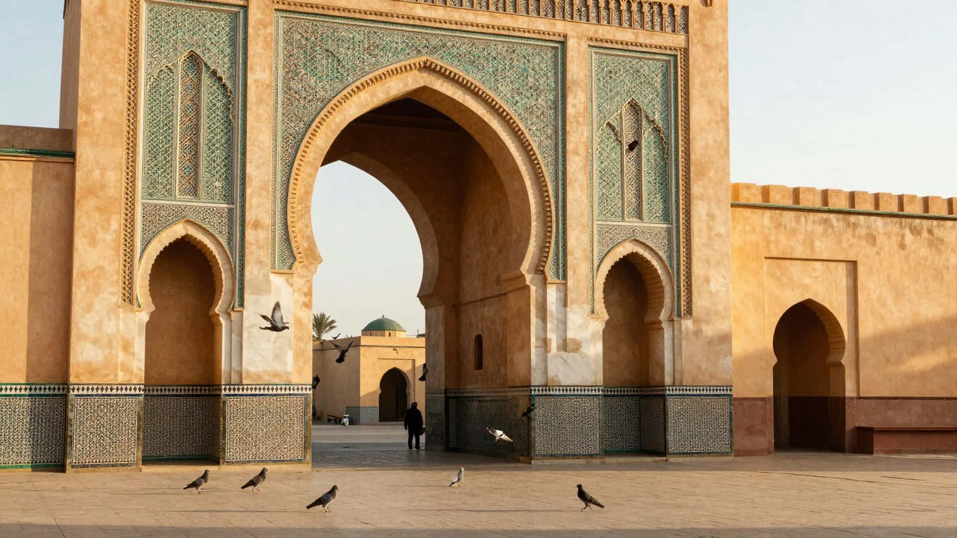 La monumentale porta Bab Mansour di Meknes decorata a zellige nella luce del mattino
