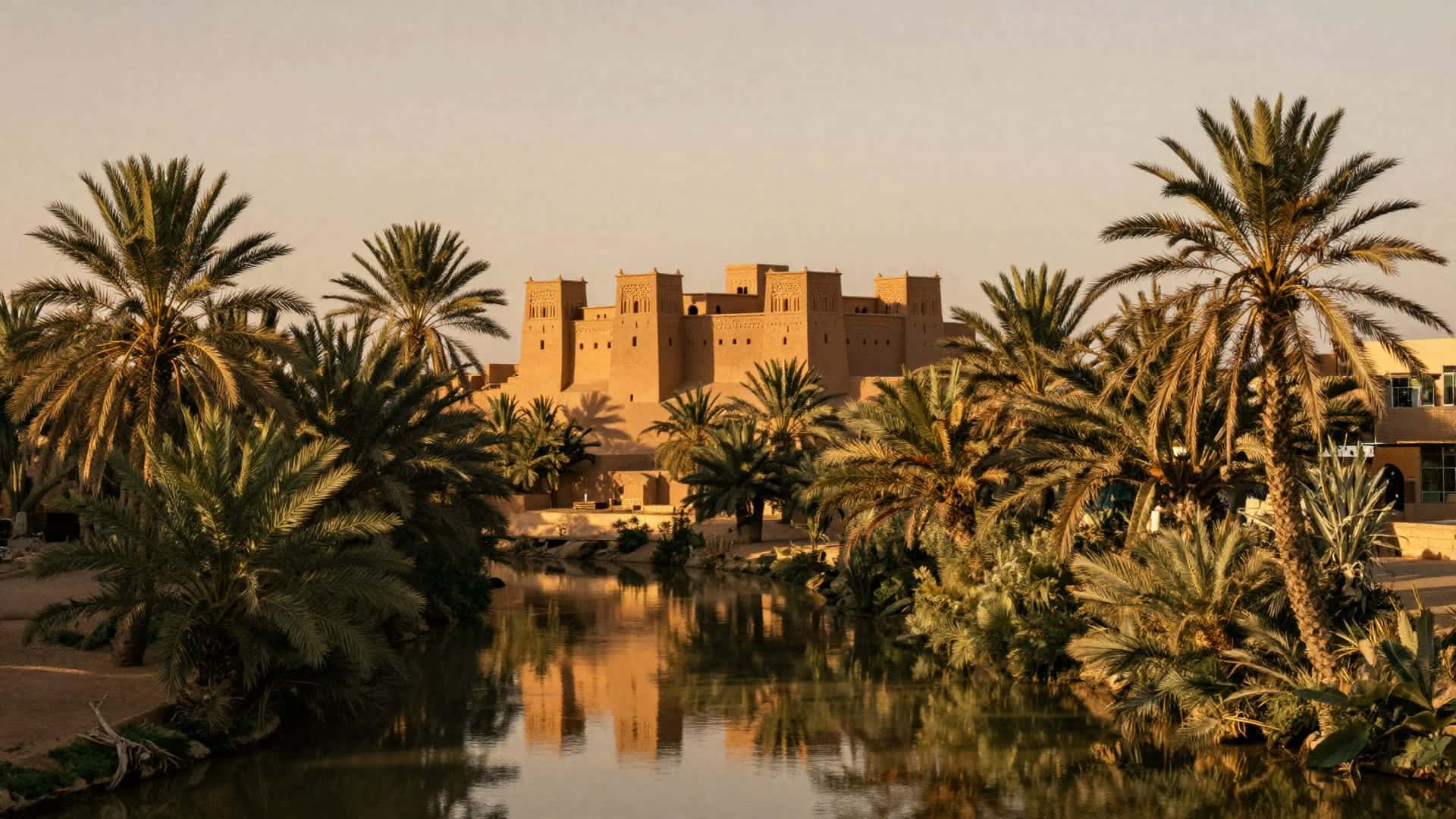 La kasbah di terra di Skoura specchiata nell'acqua tra i palmeti