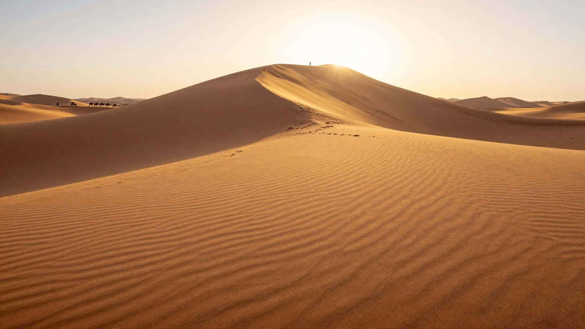 Il sole che sorge dietro le dune di Merzouga proiettando lunghe ombre sulla sabbia