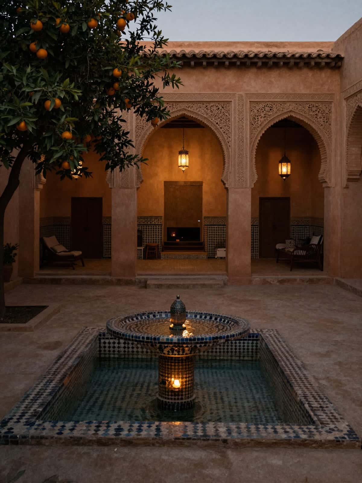 Cortile silenzioso di un riad marocchino con fontana e piante verdi